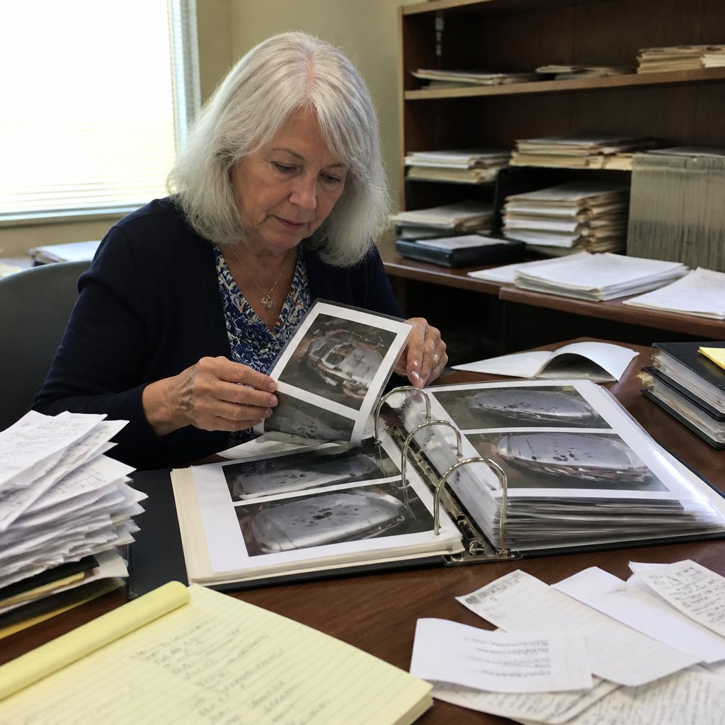 Thick binder of evidence showing photos of bird droppings and meticulous crow incident logs
