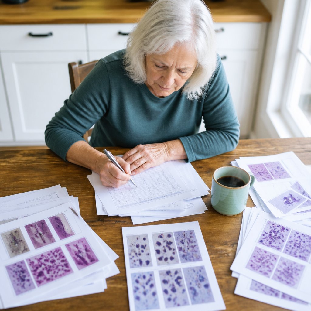 Older white woman compiling secret log of lab cases at home kitchen table