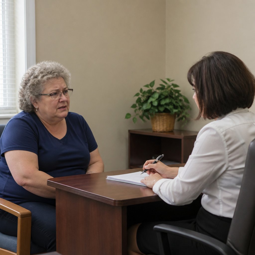 Woman discussing injury claim with HR representative in a small office.