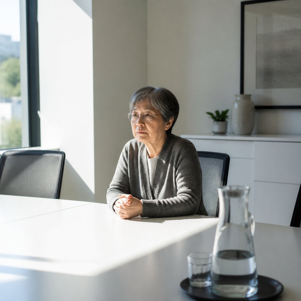 Woman alone in hospital meeting room after quality review
