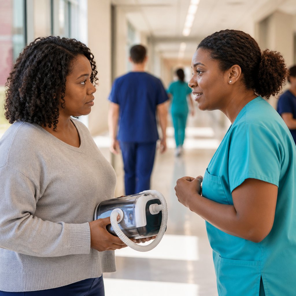 Woman holding a CPAP machine listens to a respiratory therapist whispering in a hospital corridor.