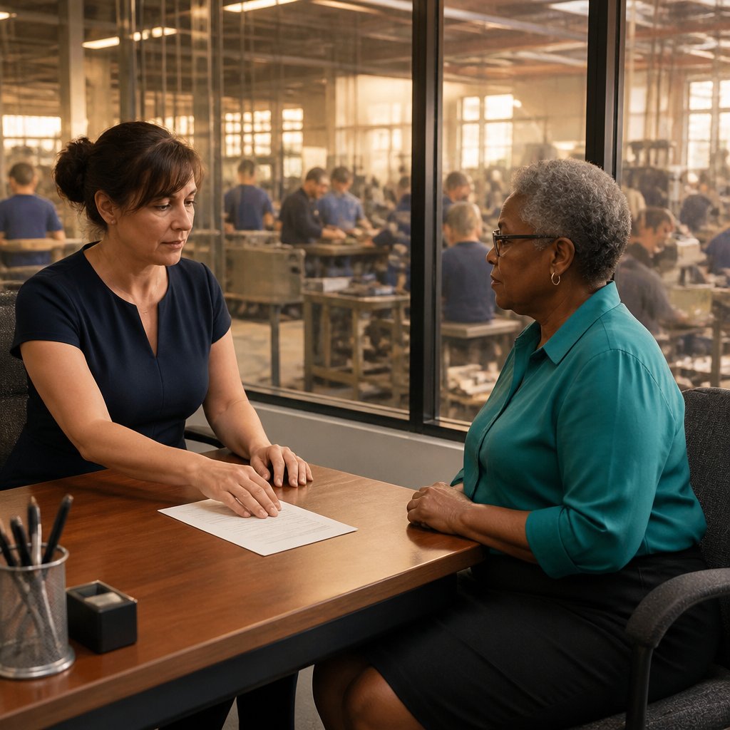Protagonist and HR manager in glass office, paper slid across desk, tense expressions.
