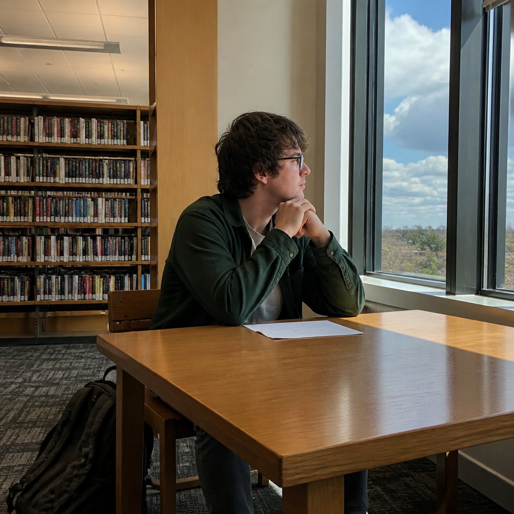 Man staring out library window holding legal document