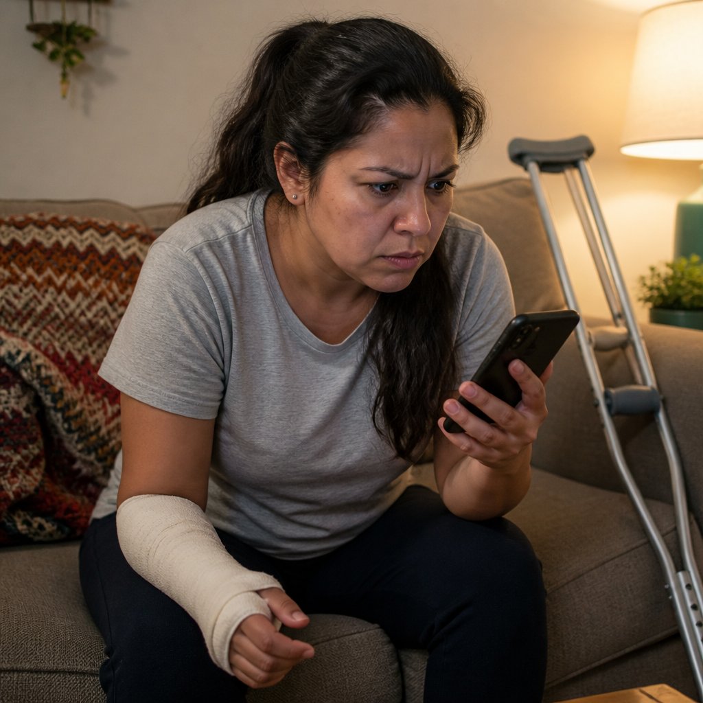 Woman reading a text message with widening eyes, expression shifting to determined anger