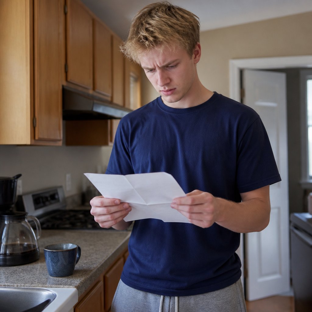 Man reading demand letter in kitchen, coffee pot visible on counter.