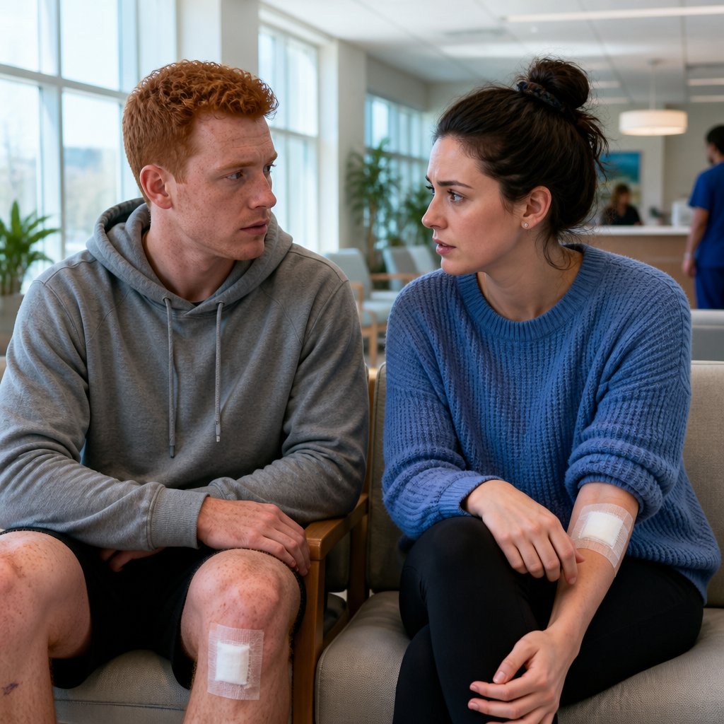 Young red-haired man and woman with wound dressings talk in wound clinic waiting area.