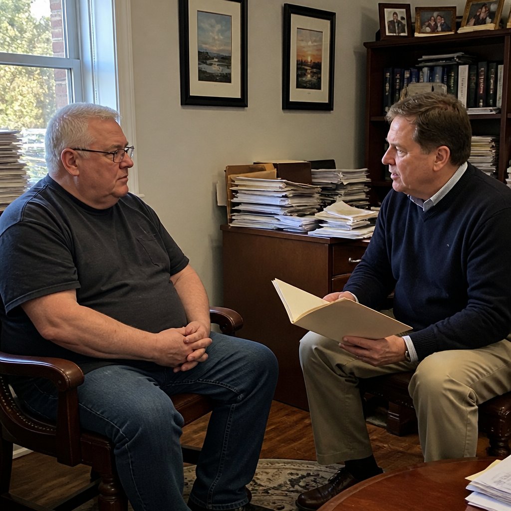 Man and lawyer sit serious in law office, deep in discussion; lawyer holds file folder.