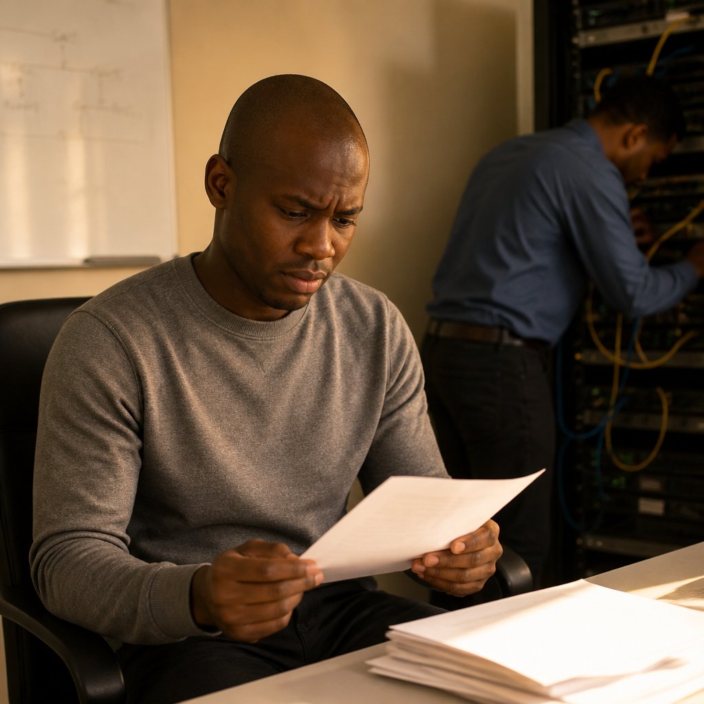 Man reading document with frustrated face in IT office.
