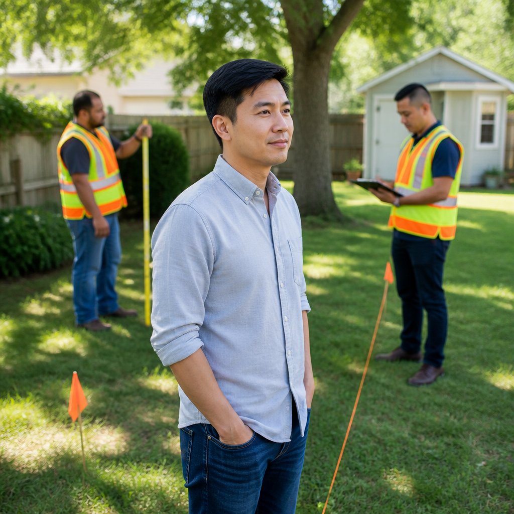 Man and two surveyors examining disputed property line in backyard