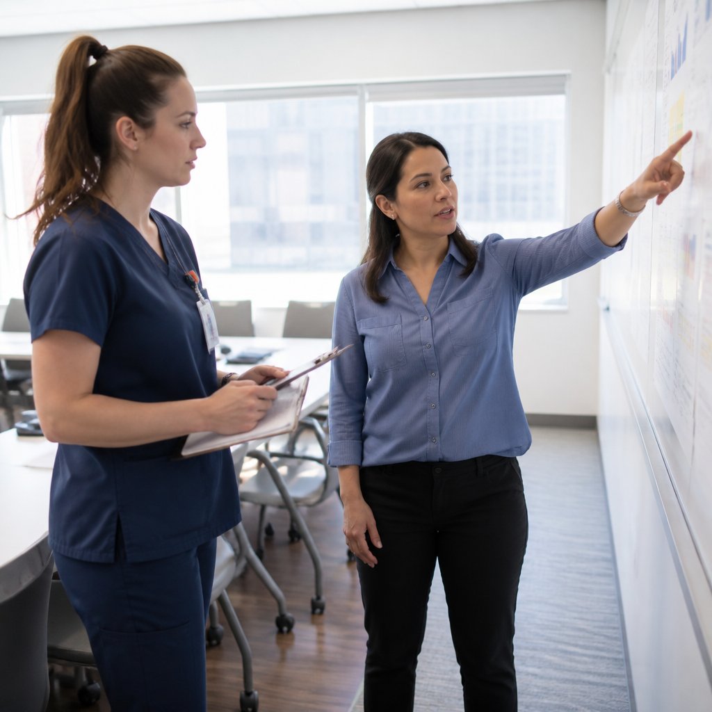 Technician and nurse analyzing data patterns on whiteboard in hospital conference room