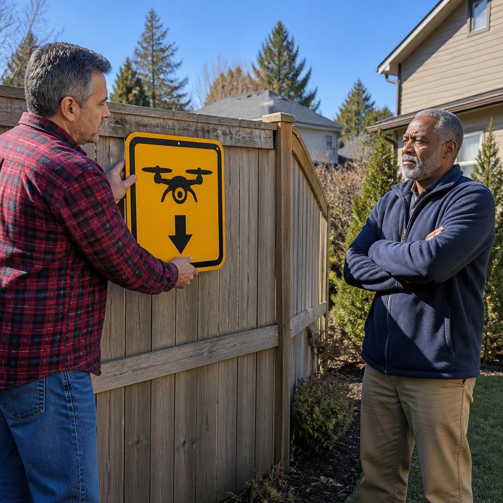 Man holding a drone drop sign on fence while neighbor watches with crossed arms nearby.