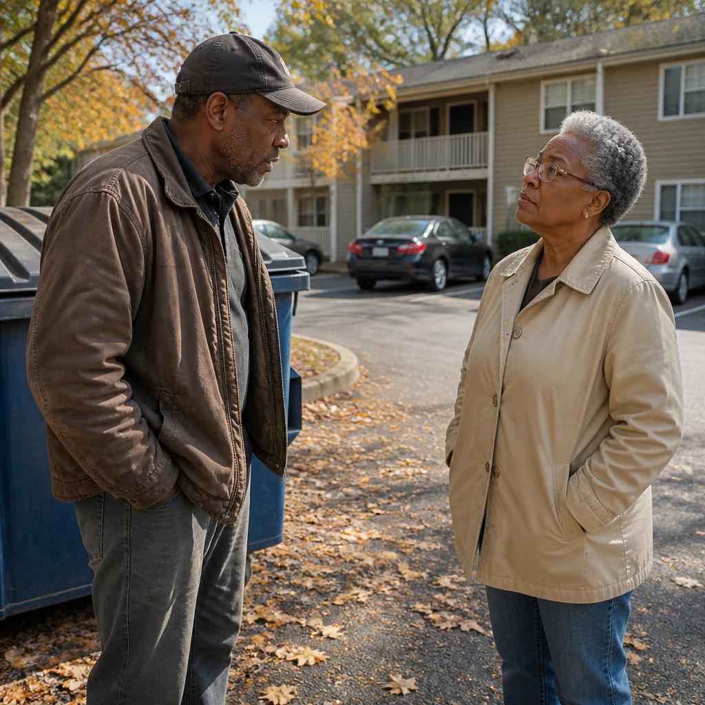 Neighbor quietly telling woman about early morning disposal of railing at dumpster.