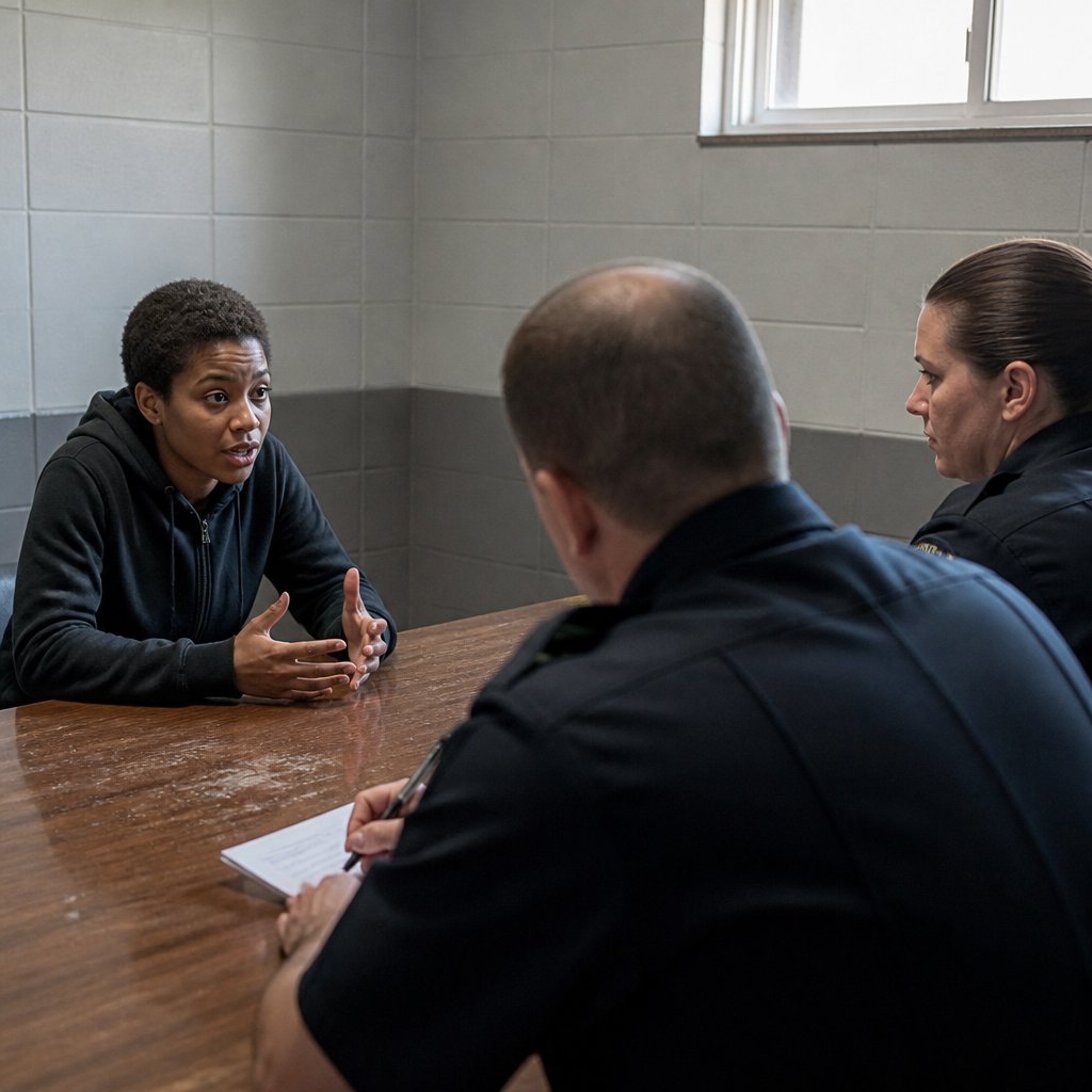 Woman explaining theft to police officers in an interview room.