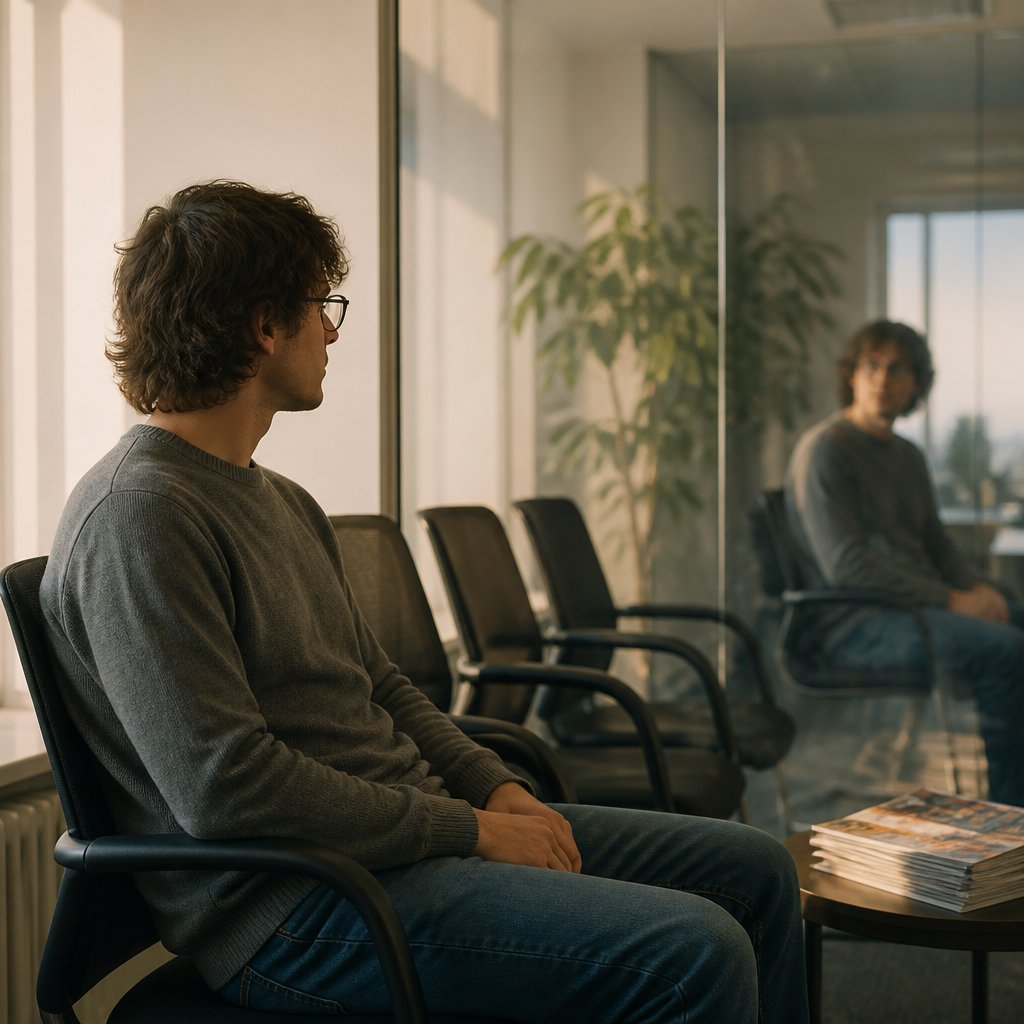 Man sitting alone in HR waiting area, staring at his reflection, anxious and uncertain.