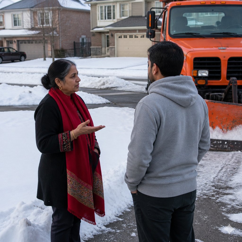 Neighbor confrontation about driveway clearing with woman and man standing outside near snowplow
