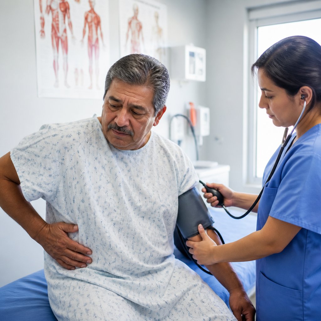 Latino patient sitting on exam table with nurse taking vital signs in ER room.