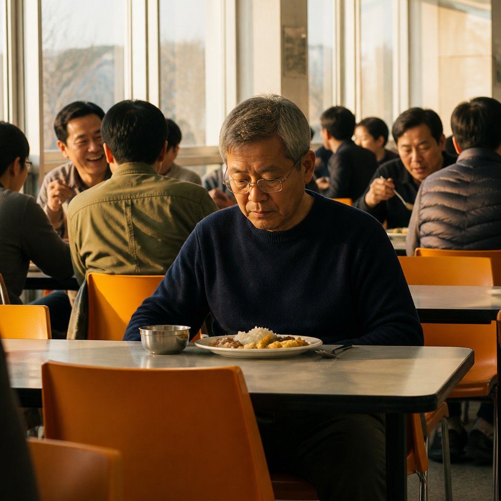 Older East Asian man sits alone at cafeteria table during lunch break looking isolated.