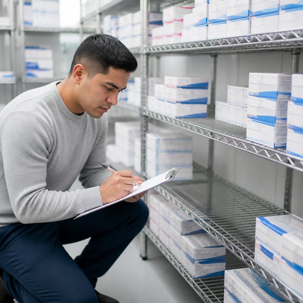 Young Latino man in gray sweater counting vaccine inventory in clinical storage room.