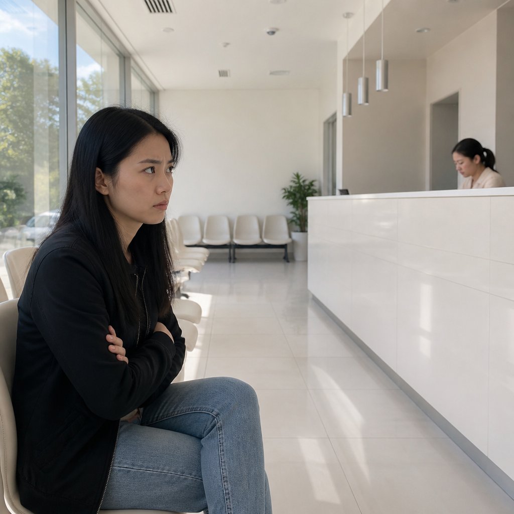 Frustrated East Asian woman waits in IV lounge as receptionist denies incident report.