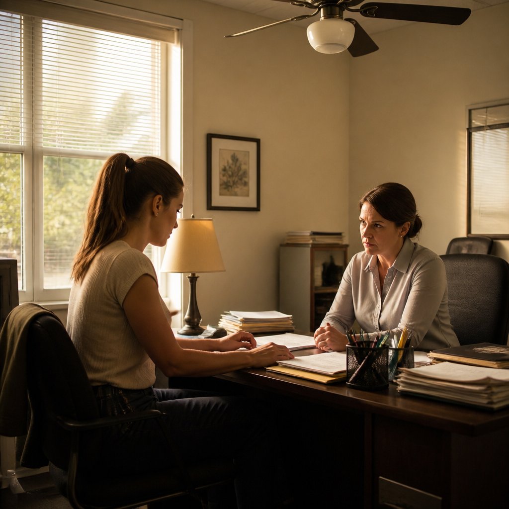 Employee hesitates in a compact HR office as HR representative insists on immediate signature.