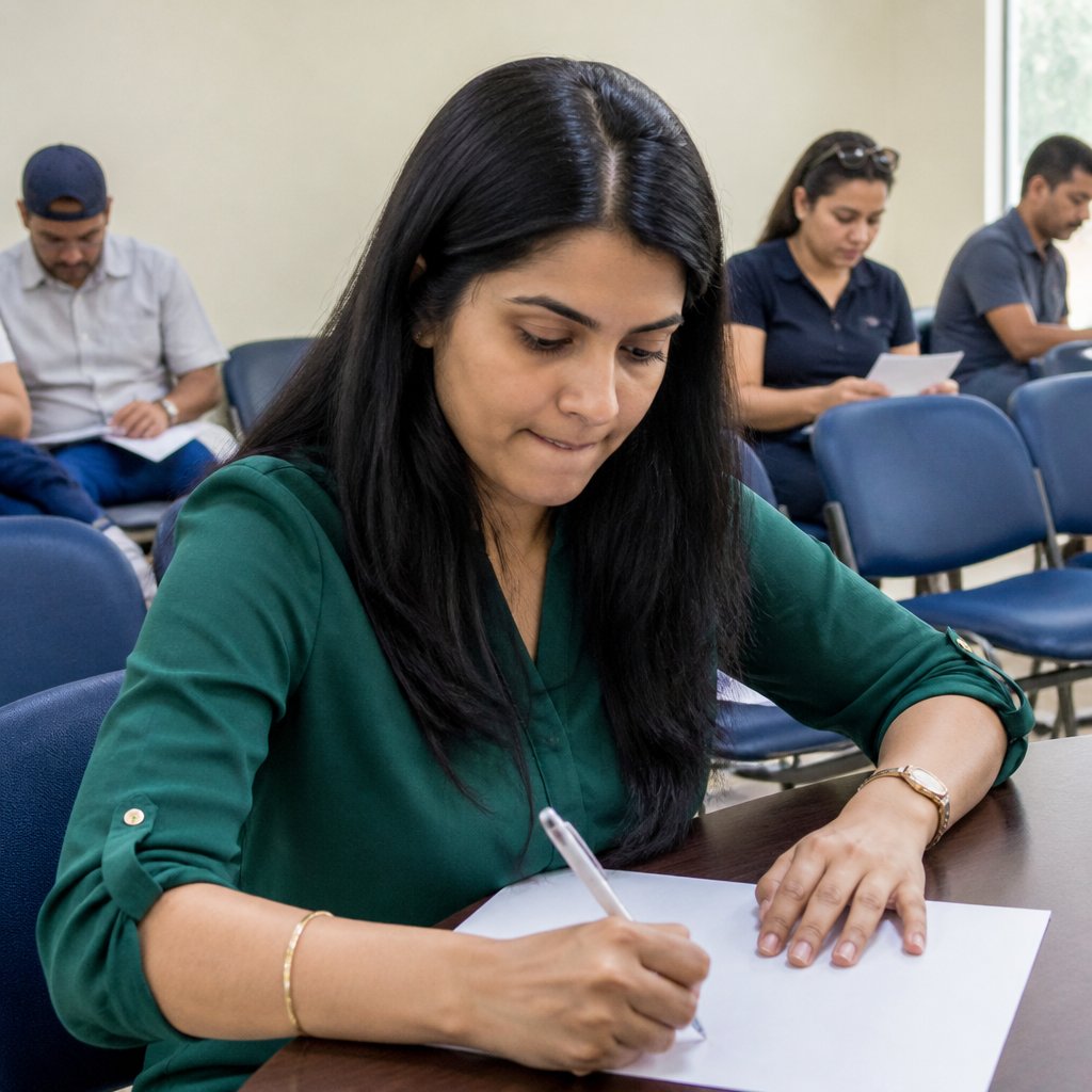 Woman completing hearing request paperwork in quiet government office.