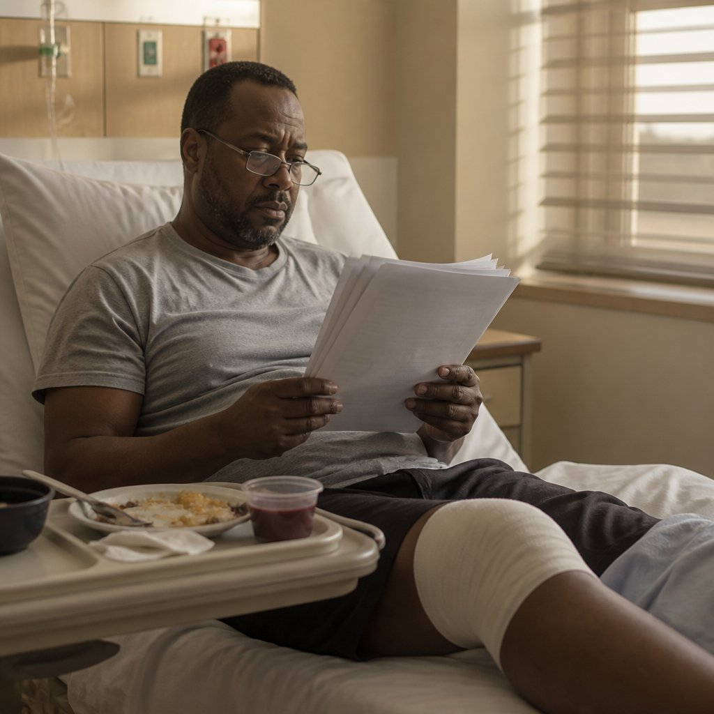 Man reading incident report in hospital bed with grim focus