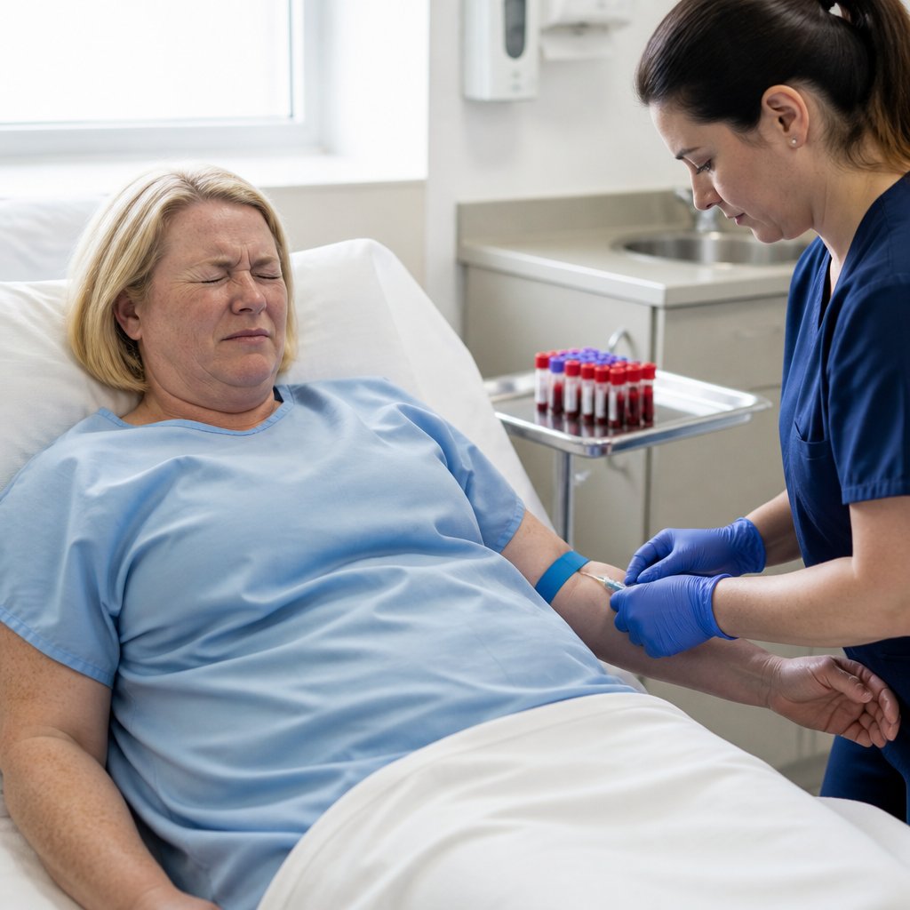 Postpartum woman having blood drawn for labs, lying quietly in hospital bed.
