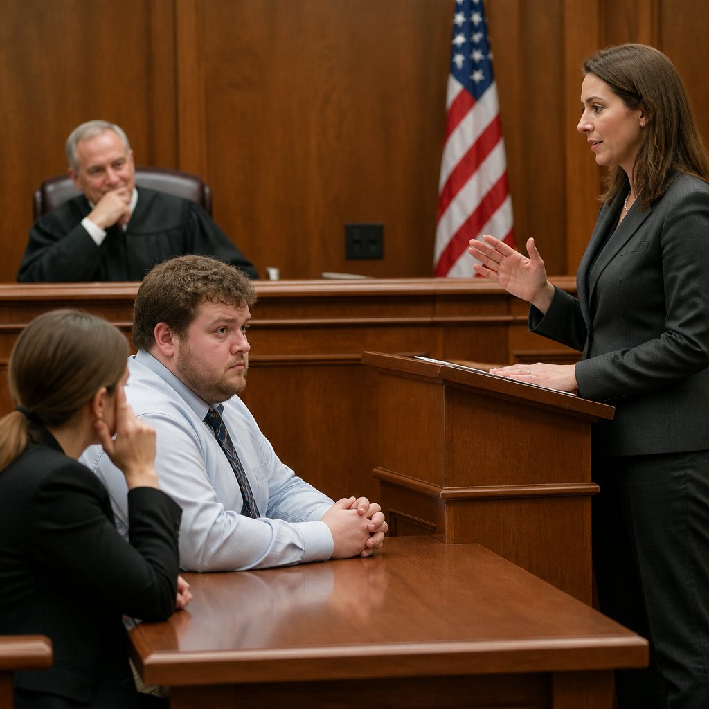 Defense attorney making calm argument while plaintiff's table looks uncomfortable