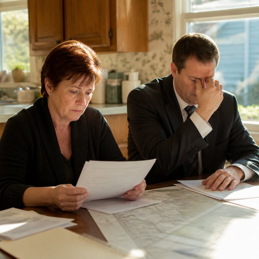 Woman staring at survey in shock while her lawyer pinches his nose with eyes closed
