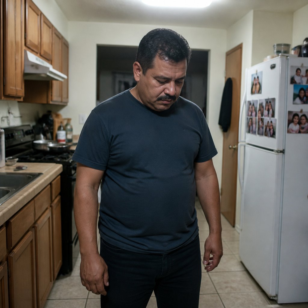 Man standing alone in kitchen with phone at his side, face showing realization he's been caught