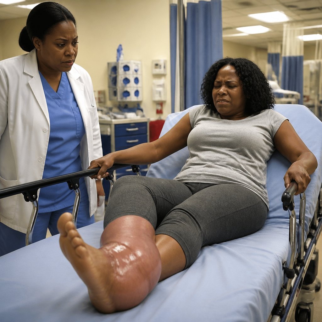 Woman on hospital gurney with swollen ankle while doctor delivers serious news