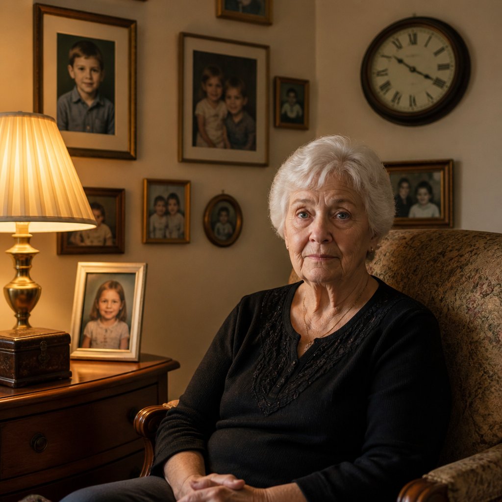 Grandmother sitting perfectly still by phone in living room surrounded by photos of grandchildren
