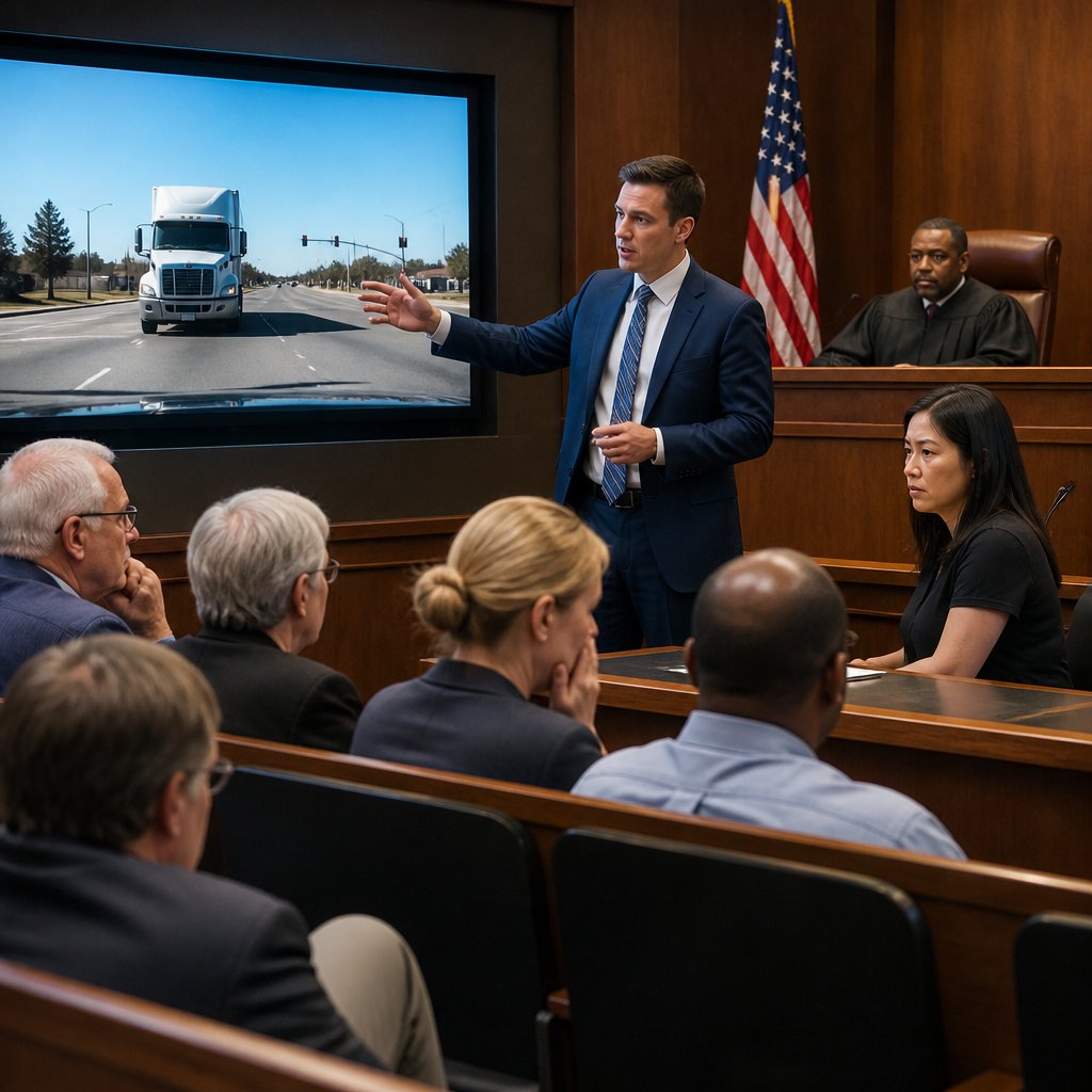 Courtroom watching dashcam footage on screen as jurors lean forward in shock