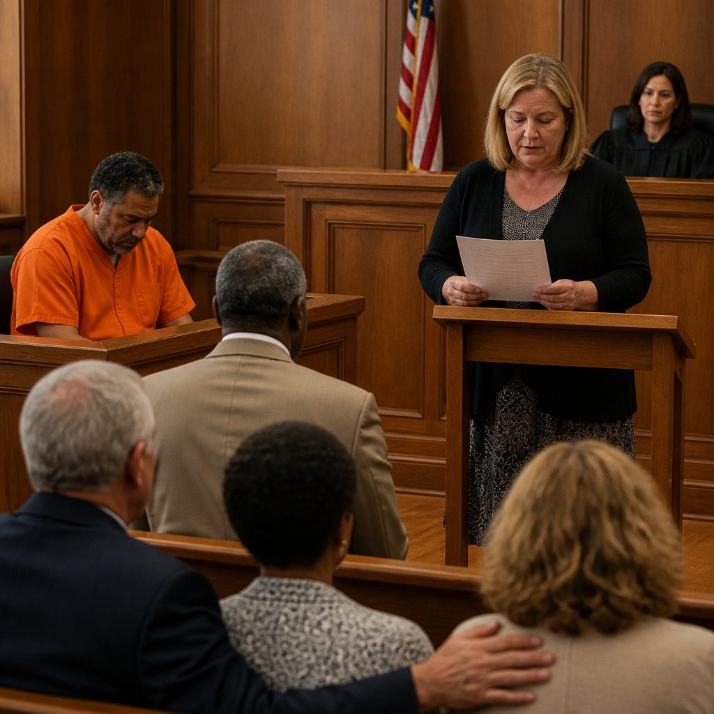 Victim reading impact statement at sentencing while defendant stares at floor