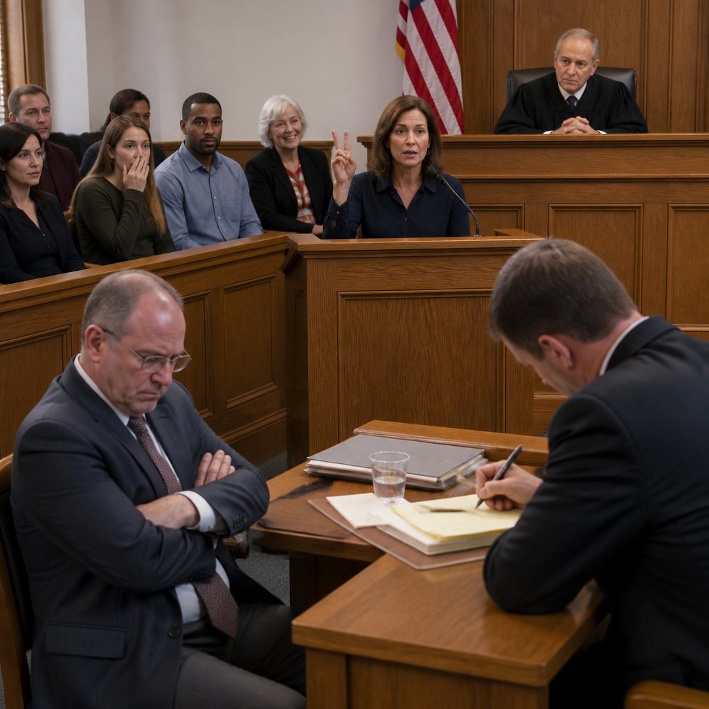 Wife counting off examples while jury suppresses laughter and husband looks mortified
