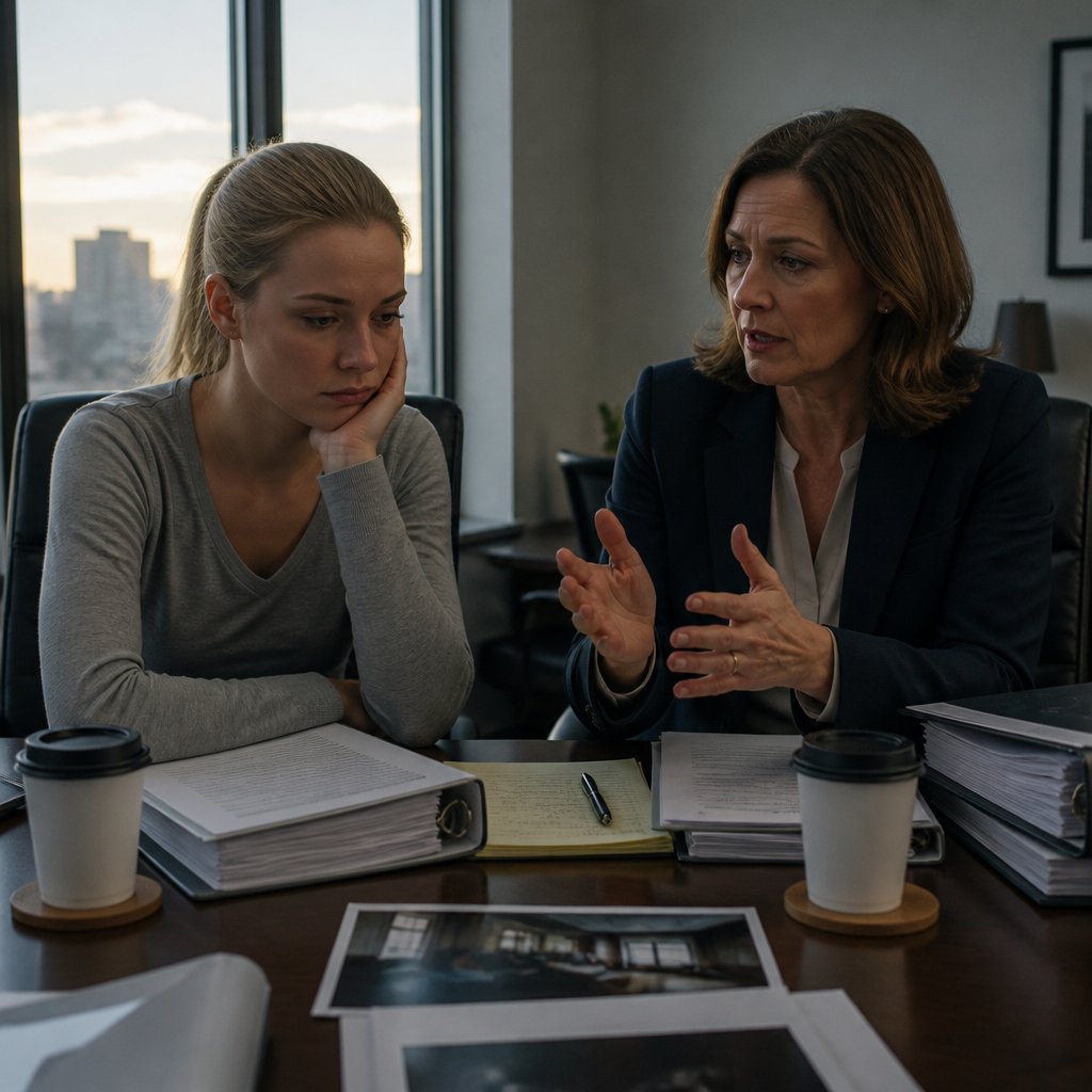 Attorney and client in early morning conference room making difficult settlement decision