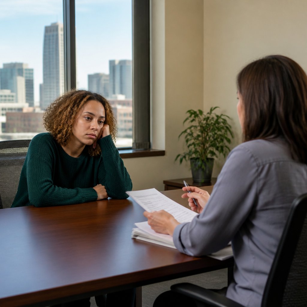 Tired employee talks with HR representative about return date in office setting.