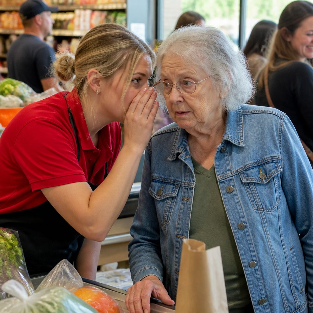 Store cashier whispering a secret to a customer at checkout with a worried expression.