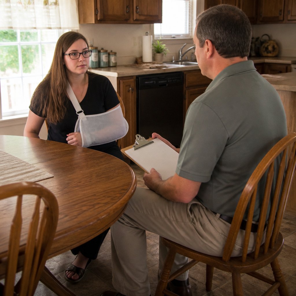 Insurance adjuster interviewing injured young woman at a kitchen table