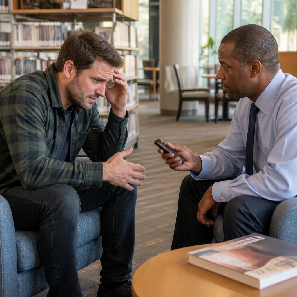 Man nervously giving statement to insurance agent in small office.