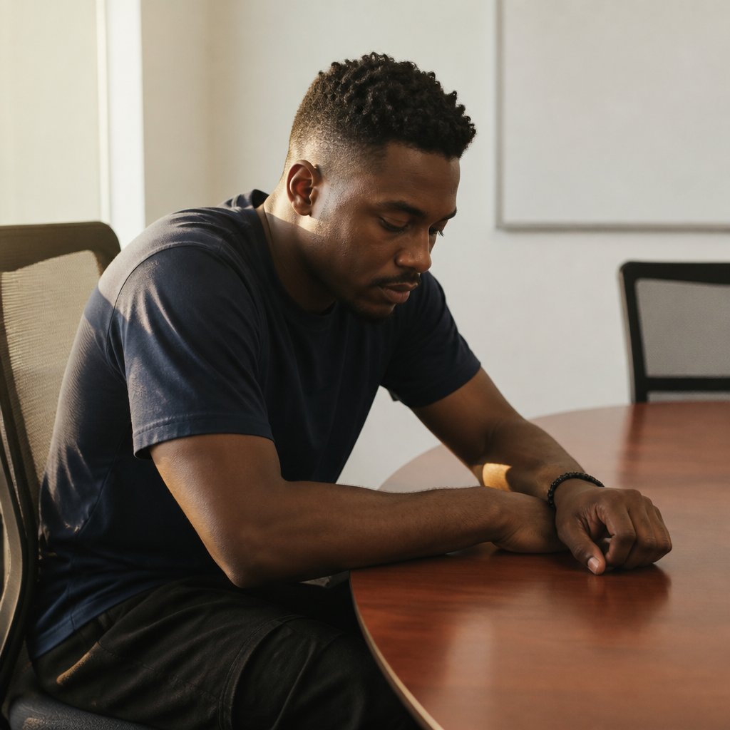 Man sitting at a conference table looking worried, with a phone face-down in front of him in a plain meeting room.