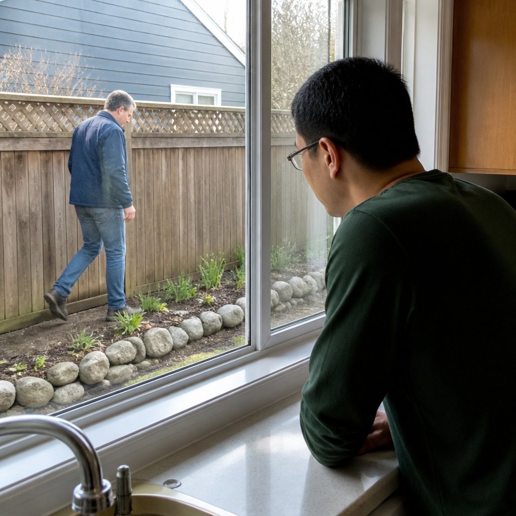 Neighbor walks disputed strip outside as man watches from kitchen window