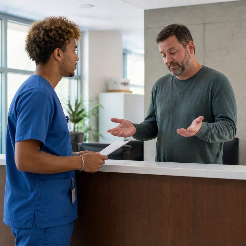 Young man in scrubs talking with IT staff about denied access to audit logs in a hospital office.