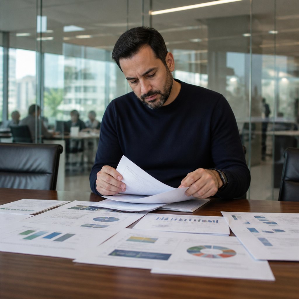 Man reviewing printed reports in conference room surrounded by paperwork, deep in thought.