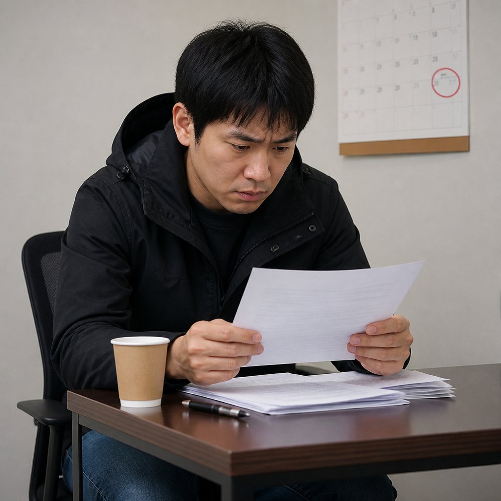 Man reads insurance offer letter at desk, deadline hanging over him.