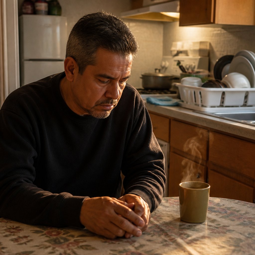 Man in sweatshirt reviewing messages in apartment kitchen