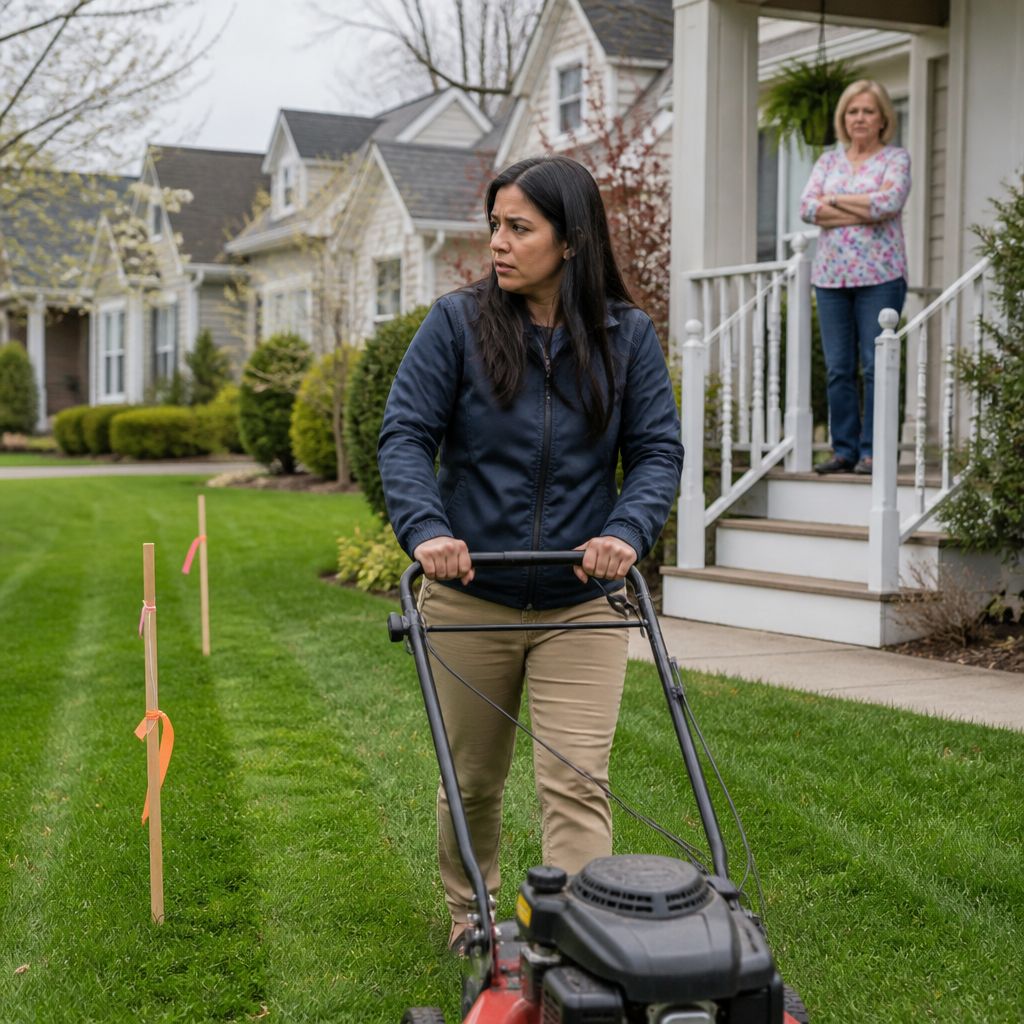 Woman mowing lawn near survey stakes while neighbor watches, tensions high.