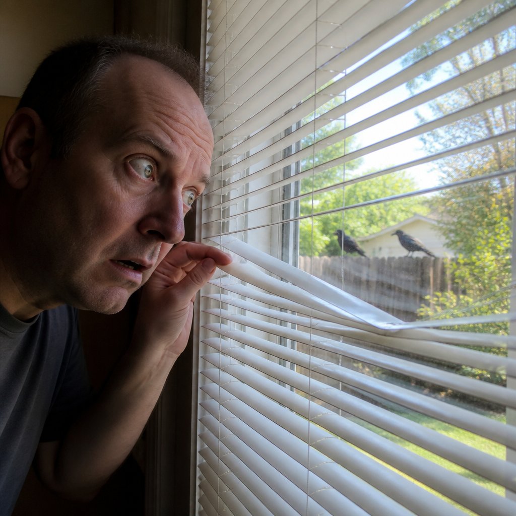 Man nervously peeking through blinds at harmless crows in his backyard