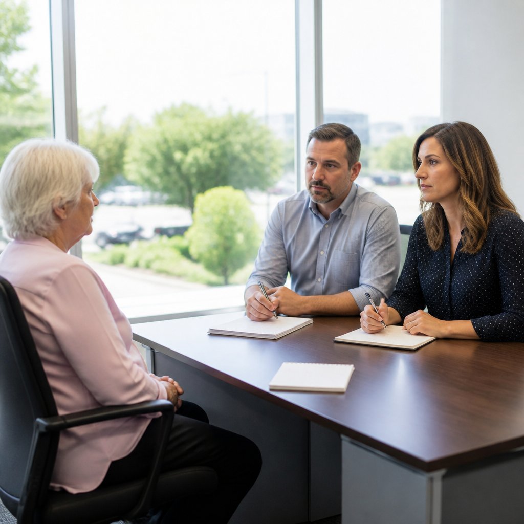 Older white woman meeting with hospital risk management team in office