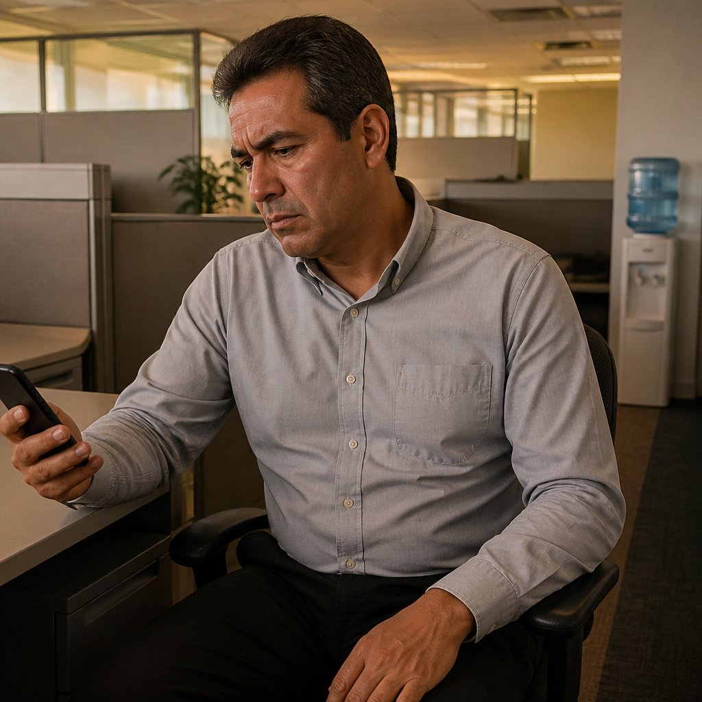 A man looking at his phone with a worried expression while sitting at his office cubicle.